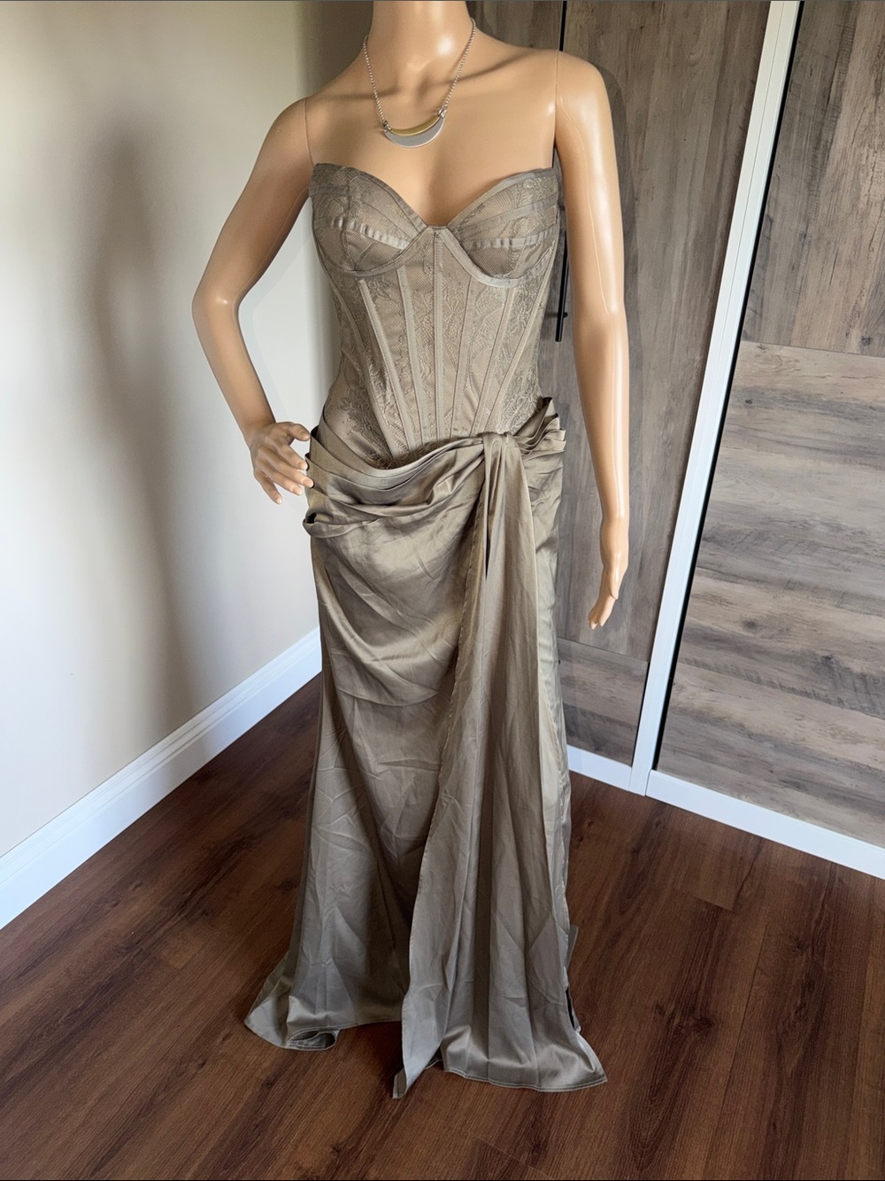 Taupe Strapless Evening Gown